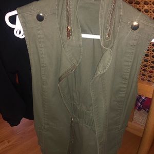 Long army green denim vest